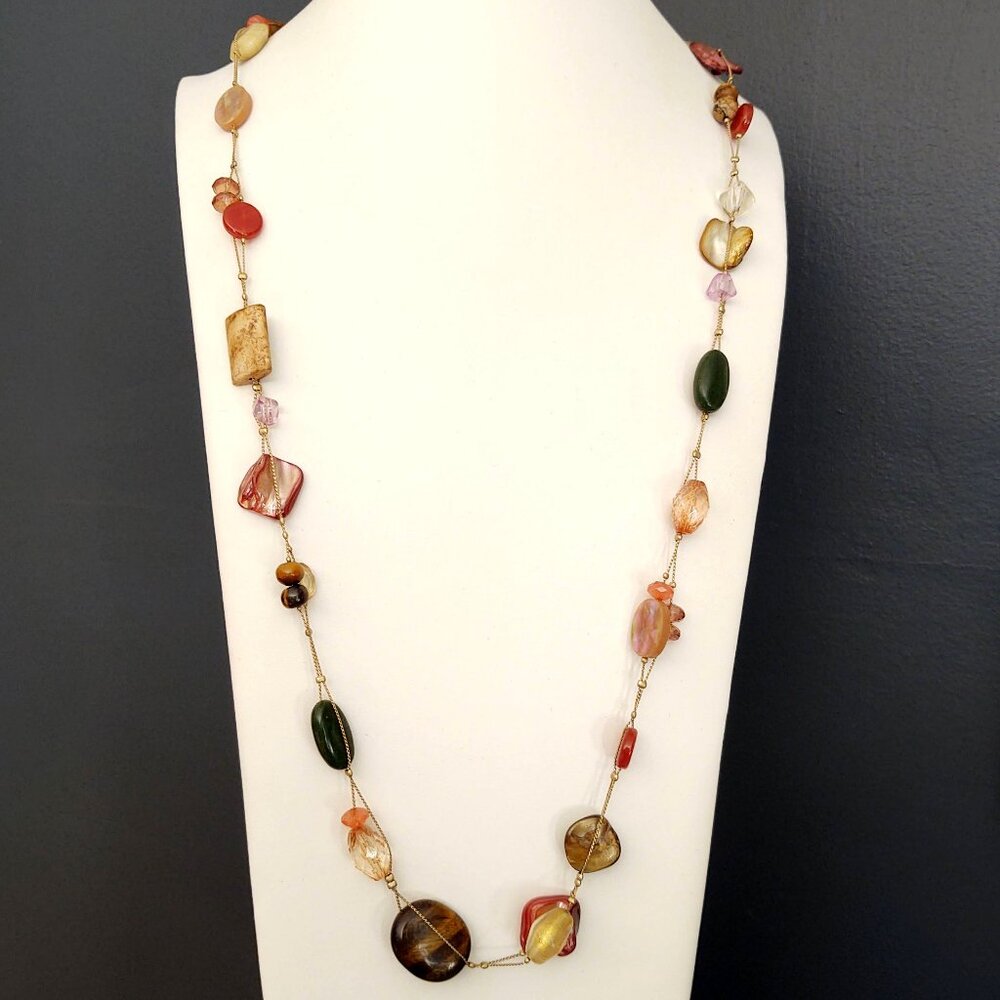 Tiger's eye, shell, glass and semi-precious stone long necklace